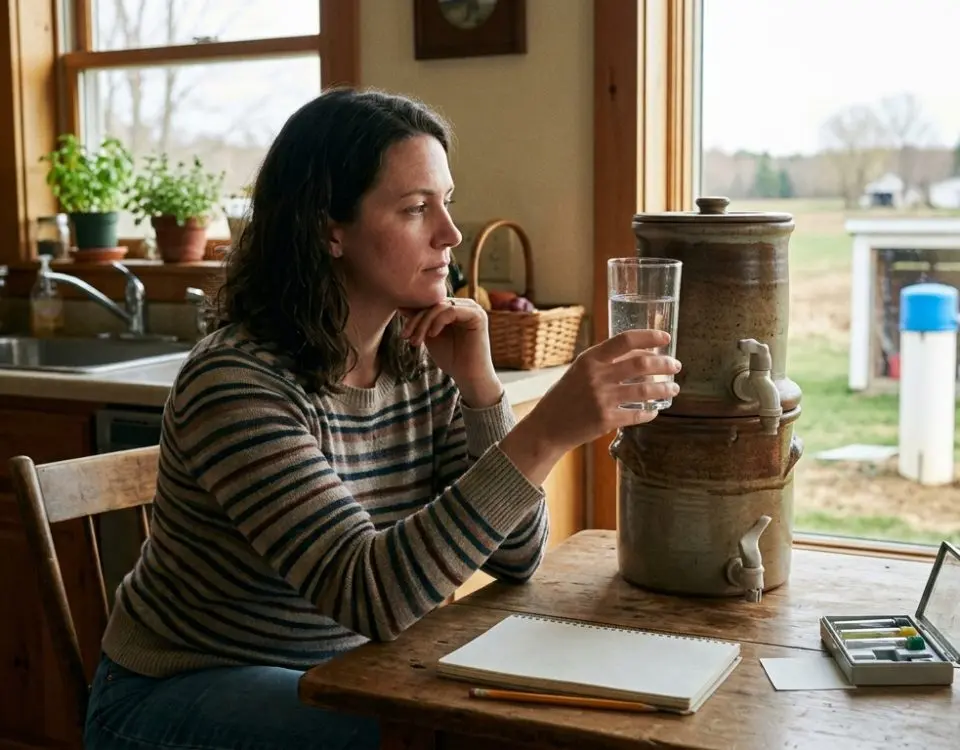 Homeowner checking a glass of well water to determine if well water is safe to drink from a private well.