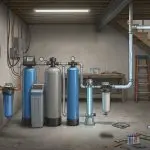 Whole Home Filtration System for Well Water installed in a residential basement, showing multiple filtration stages that treat well water before it flows throughout the home.