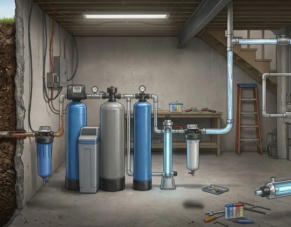 Whole Home Filtration System for Well Water installed in a residential basement, showing multiple filtration stages that treat well water before it flows throughout the home.