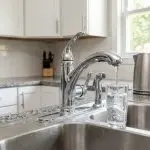 Hard water solutions shown in a modern Indianapolis kitchen with visible mineral buildup around the faucet and a glass of tap water at the sink.